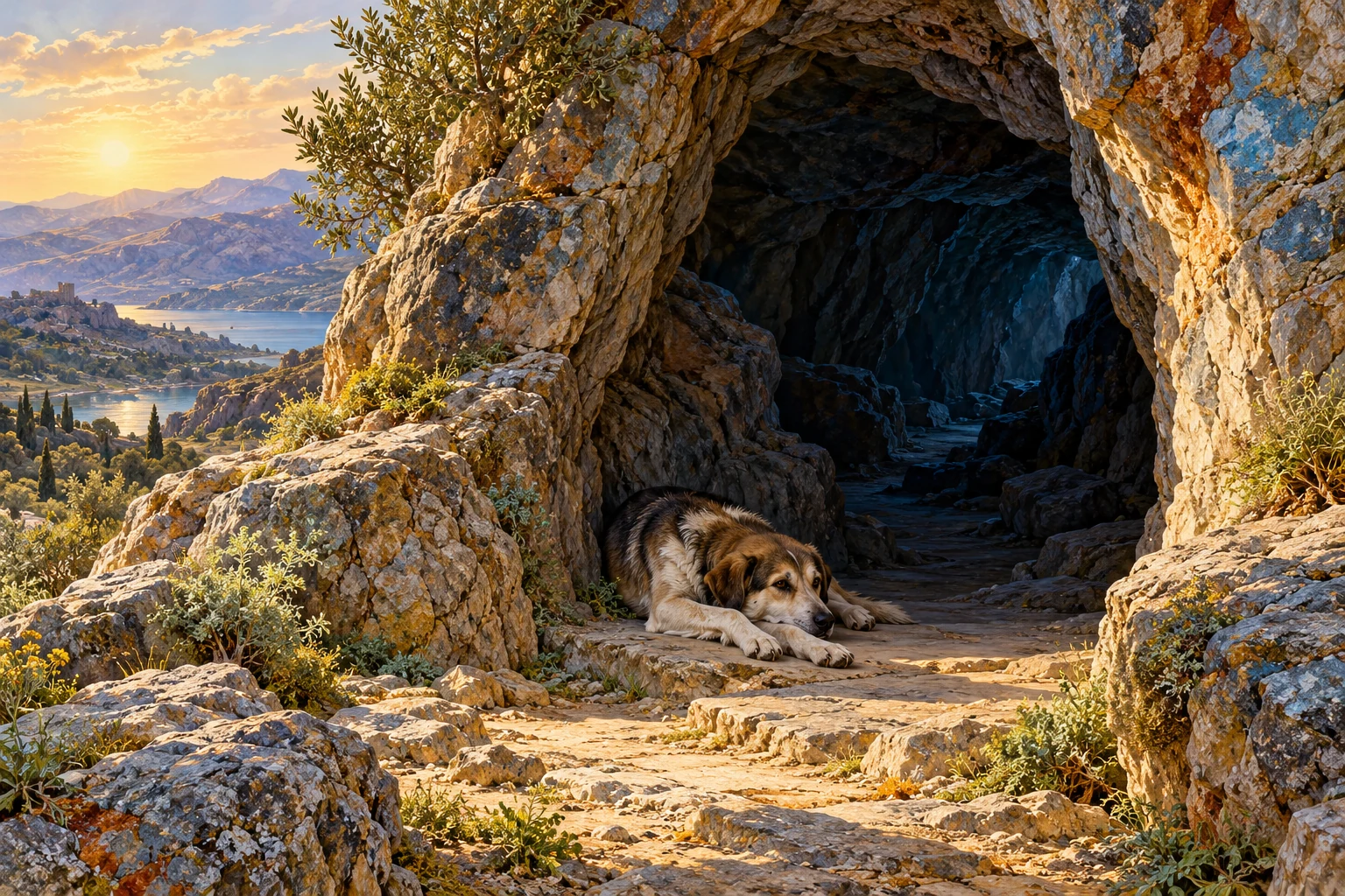 Un cane distende le zampe sulla soglia di una caverna; l’interno resta in ombra, senza figure umane visibili.