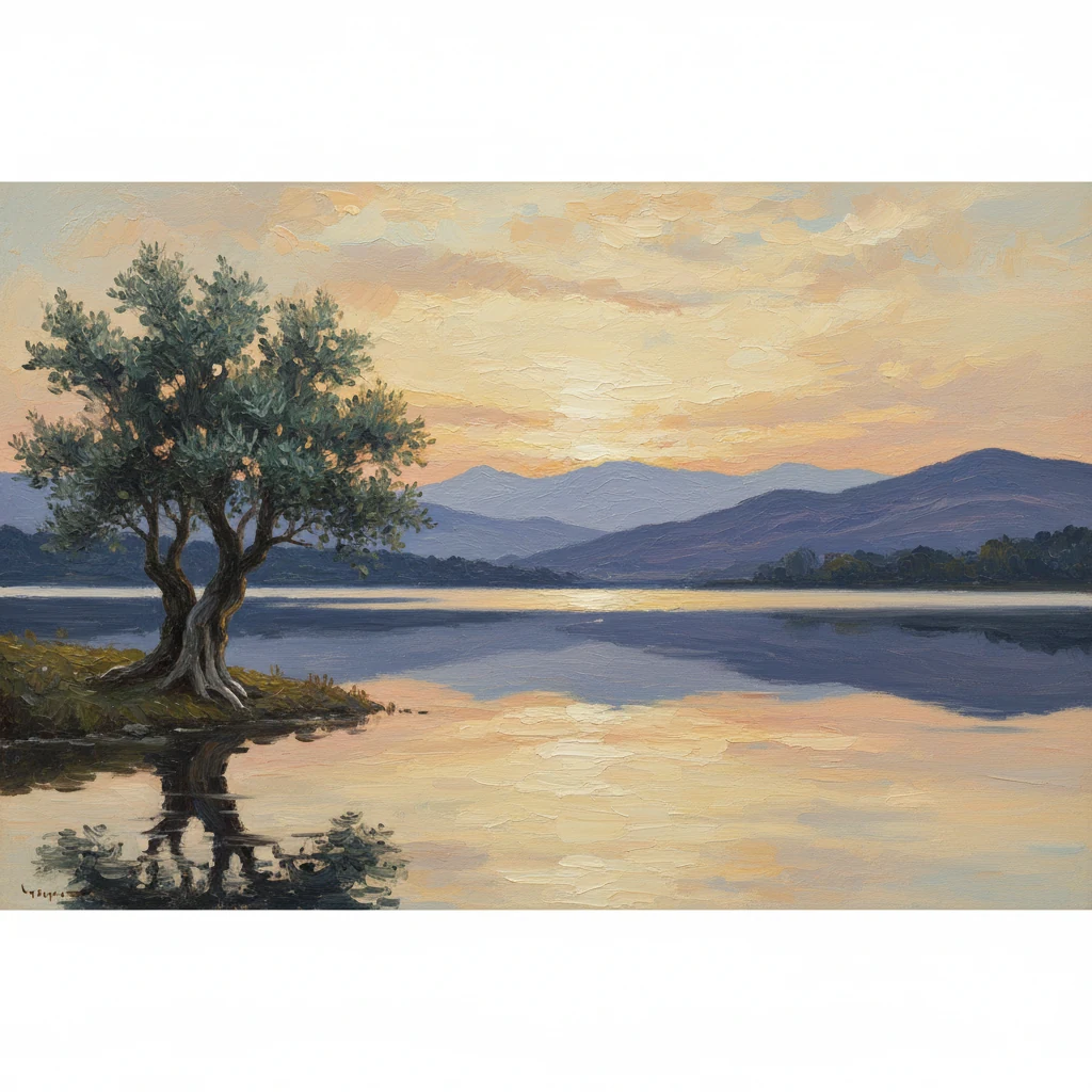 Un lago tranquillo all’alba e un albero sulla riva