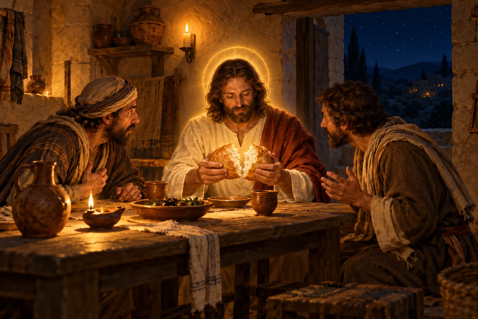 Gesù spezza il pane con due discepoli a Emmaus.