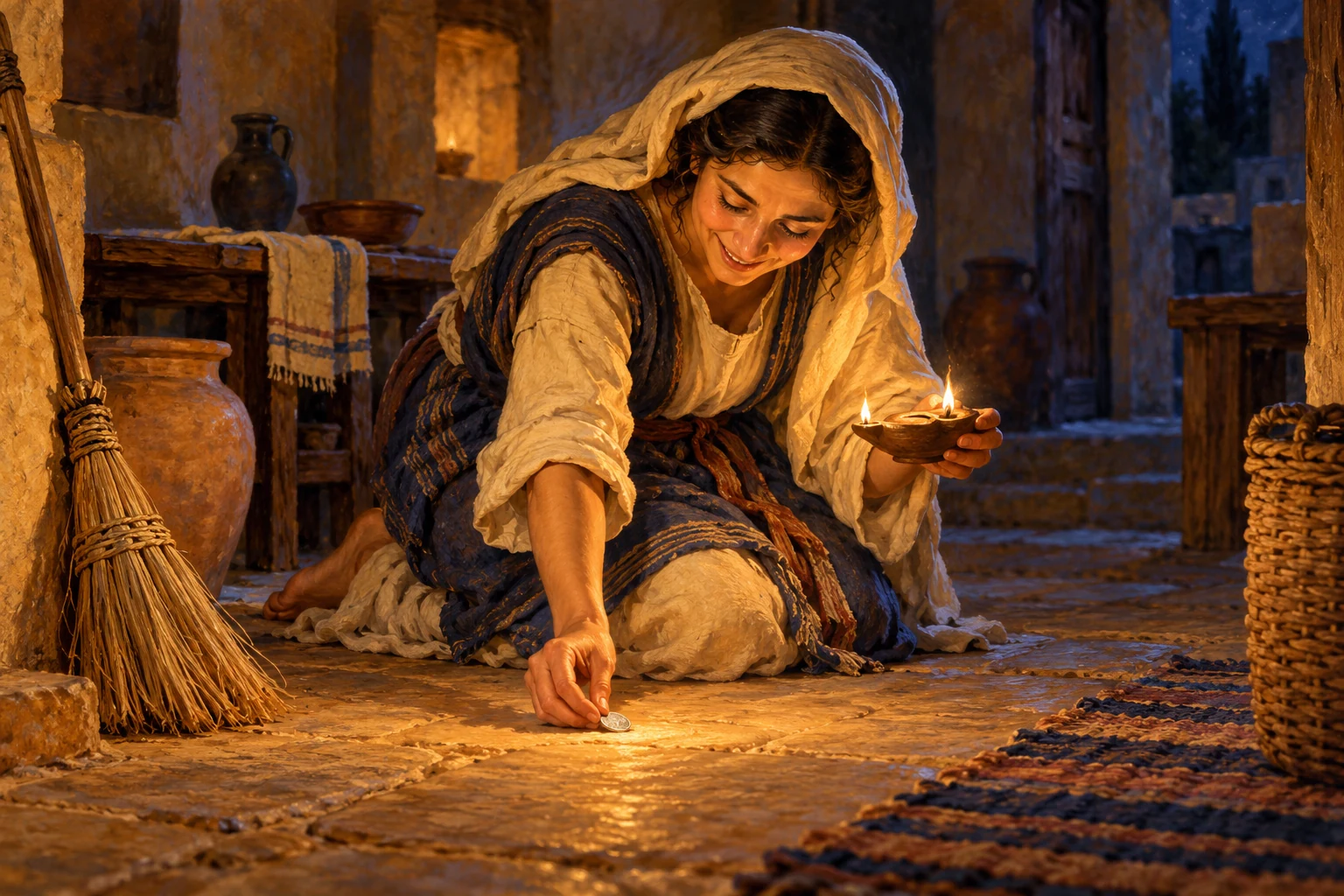 Una donna ritrova una moneta alla luce di una lampada.