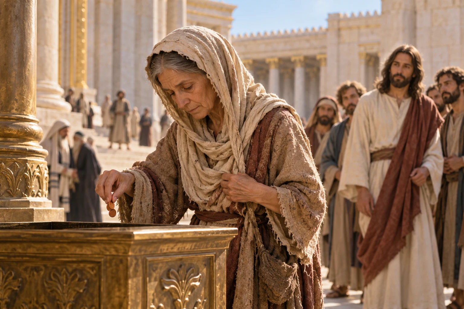 Una vedova depone due piccole monete nel tesoro del tempio; Gesù osserva con i discepoli.