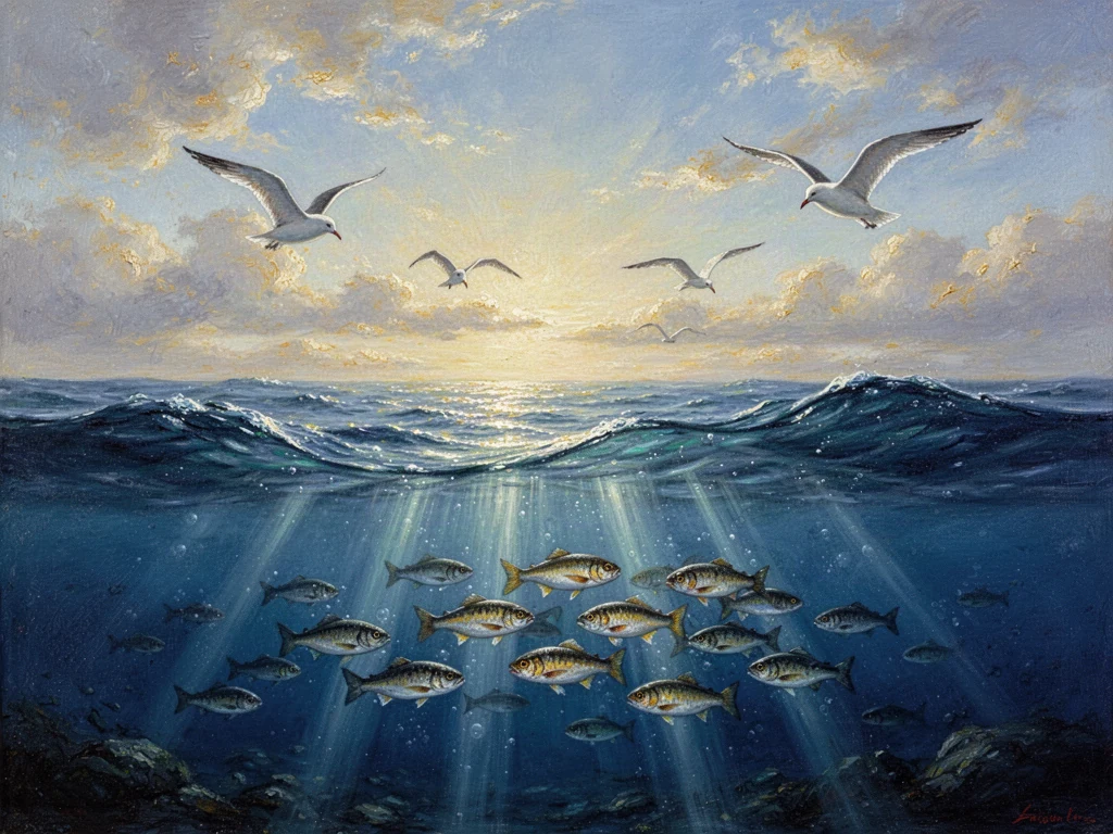 Pesci nelle acque illuminate e uccelli che volano sopra il mare