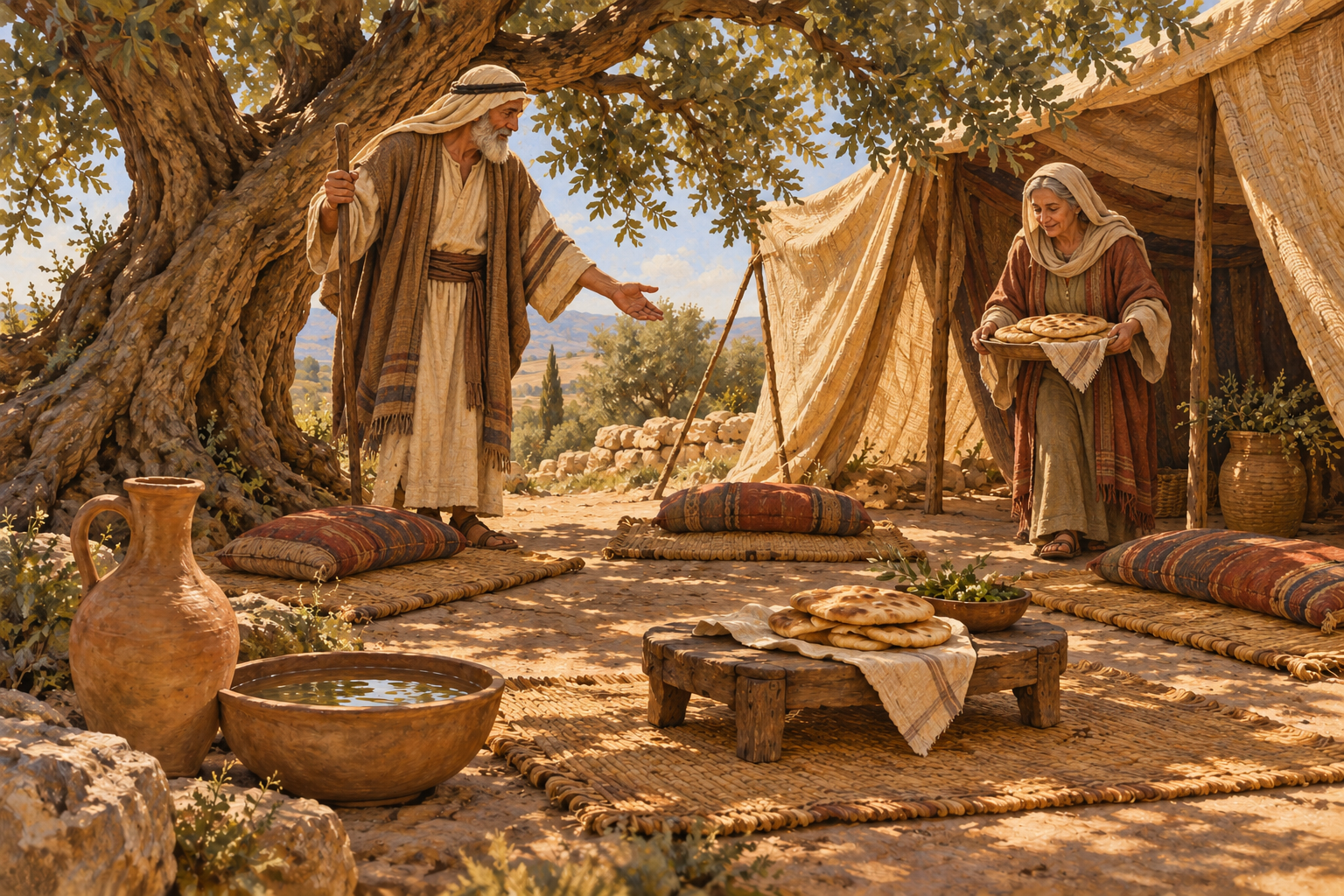 Abramo invita all’accoglienza sotto un grande albero; Sara porta il pane presso la tenda, accanto ai posti preparati per gli ospiti.
