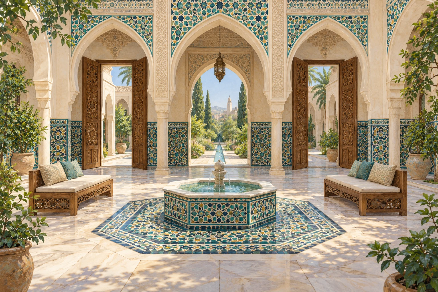 Un cortile con fontana, due sedute e decorazioni geometriche.