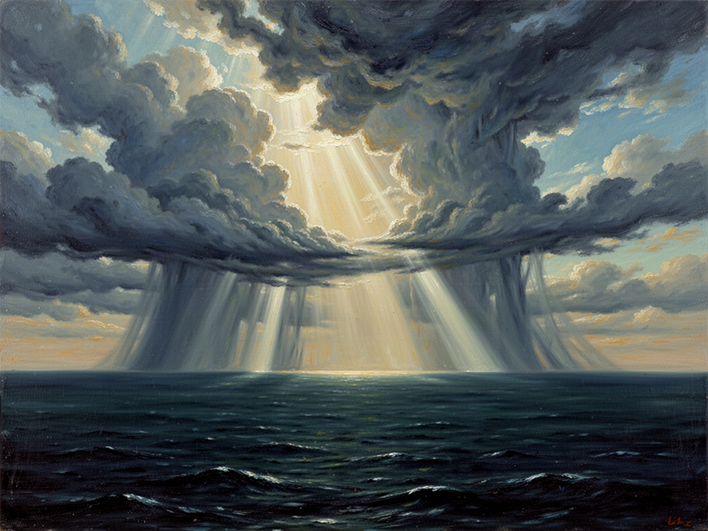 Der Himmel öffnet sich über einer weiten Wasserfläche