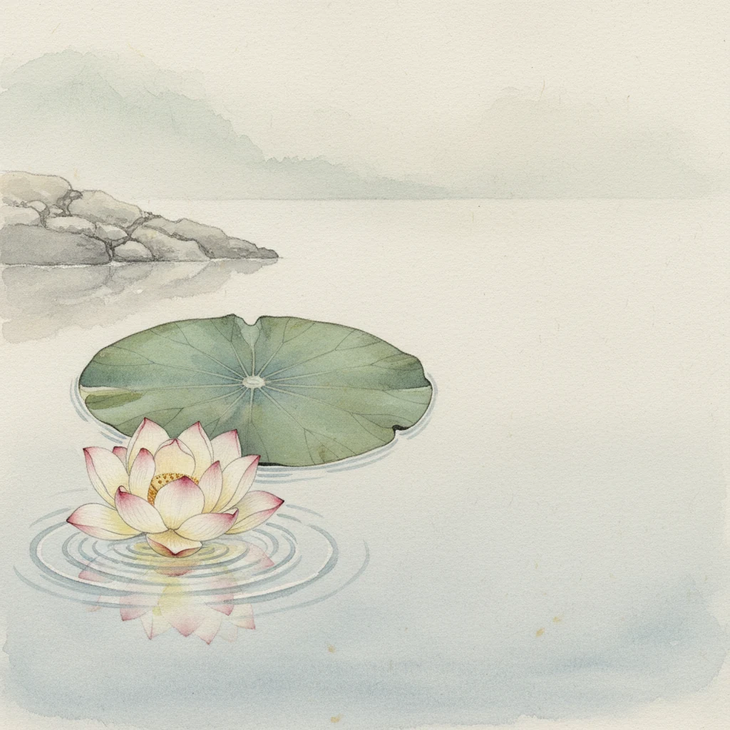 Un fiore di loto e una foglia sull’acqua, dipinti ad acquerello in un paesaggio essenziale
