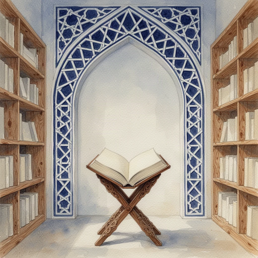 Interno di una biblioteca con archi decorati, motivi geometrici e libri