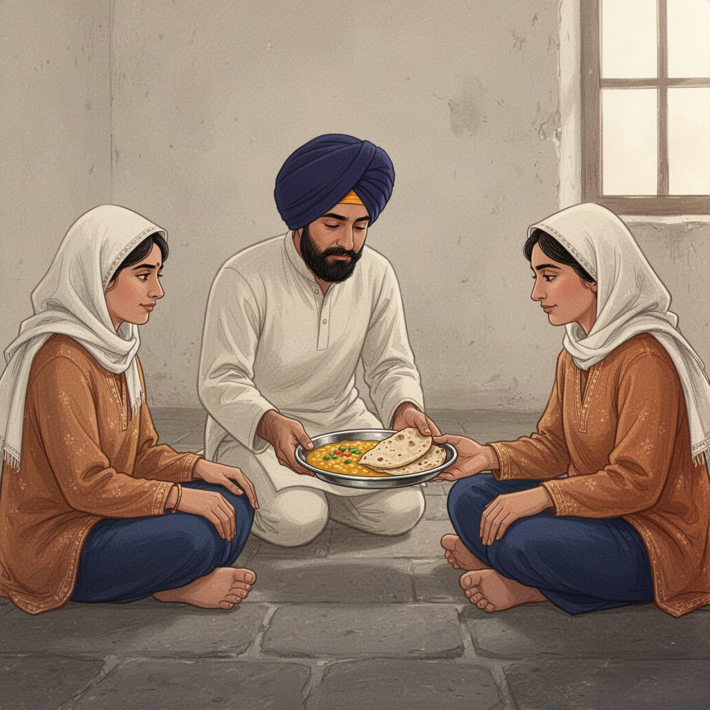 Ein Helfer mit Turban reicht Menschen, die mit bedecktem Kopf am Boden sitzen, einen Teller