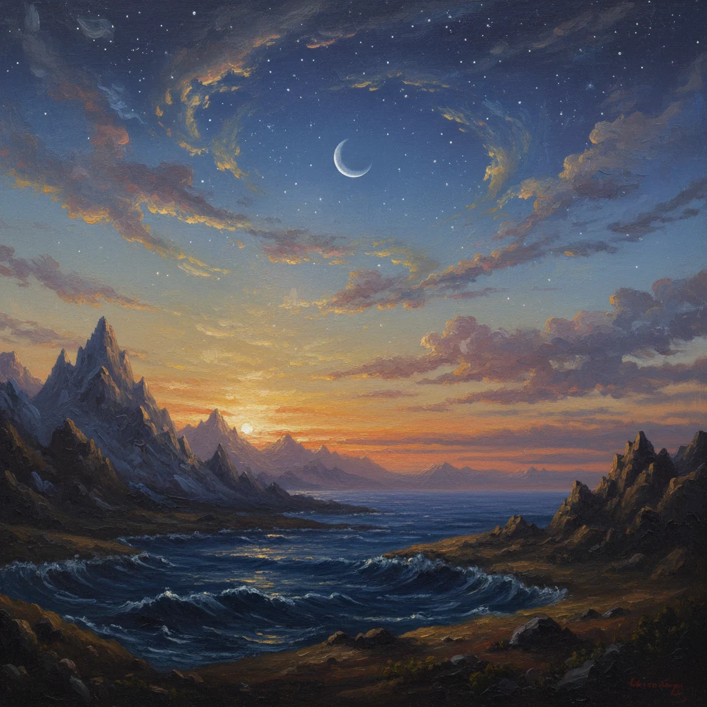Il sole al tramonto, la luna e le stelle sopra il mare