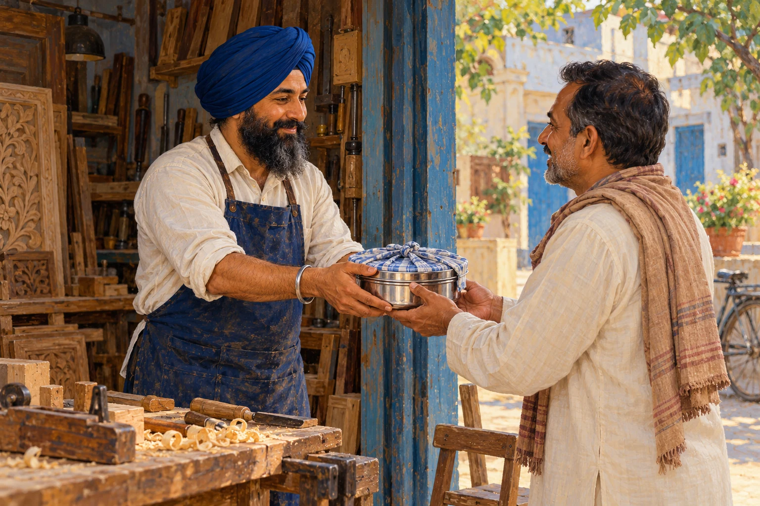 Un artigiano sikh condivide un contenitore di cibo con un vicino.