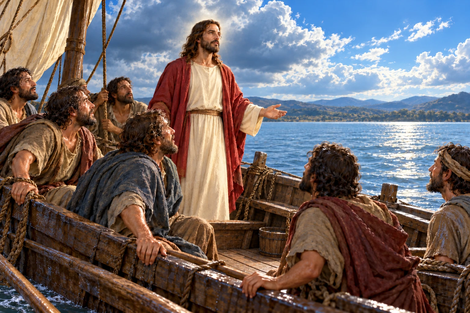 Gesù e alcuni discepoli su una barca bagnata, mentre il lago torna calmo.